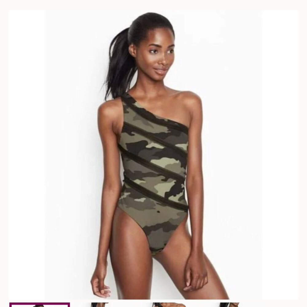 Victoria's Secret Sport Bodysuit Womens S Green Camo One Shoulder